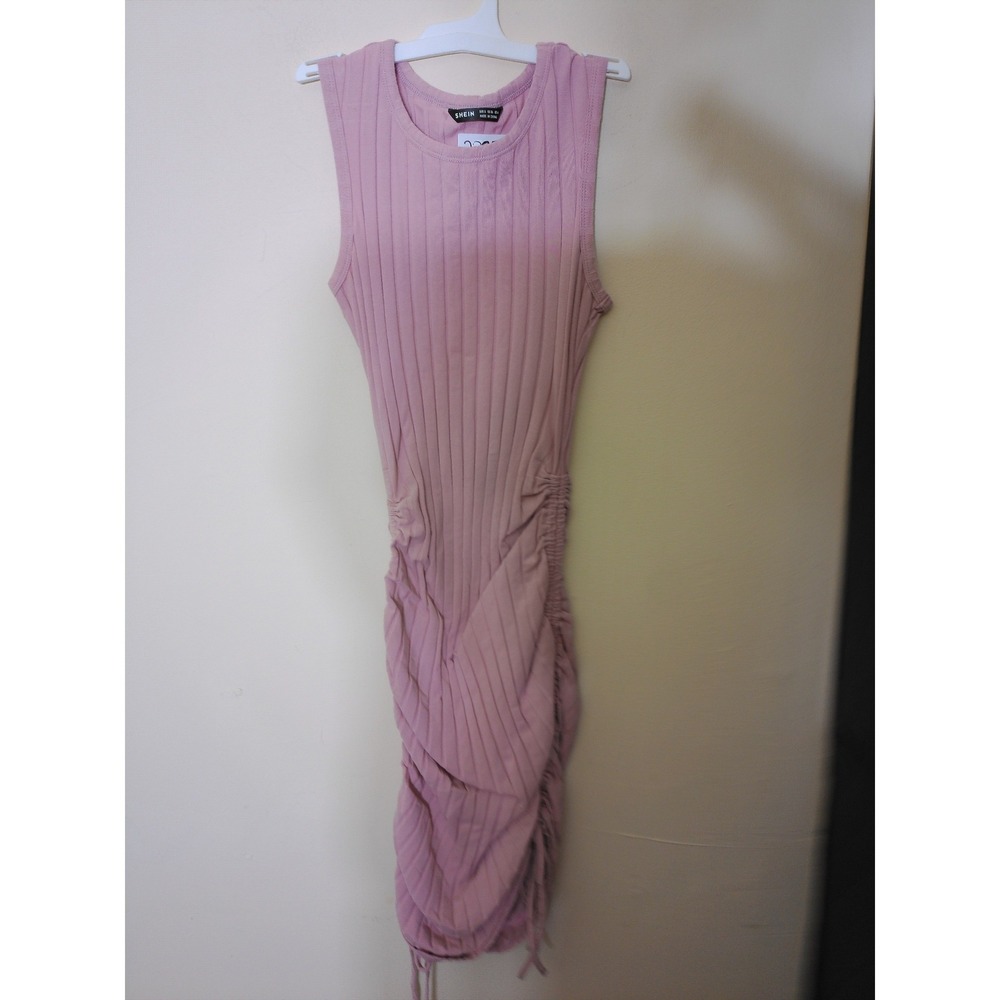 SHEIN Bodycon Dress Womens S Pink Ribbed Ruched Drawstring Sleeveless Flirty